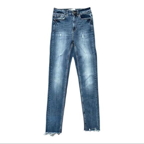 ZARA High Rise Distressed Raw Hem Skinny Jeans Size 2‎ - Picture 2 of 10